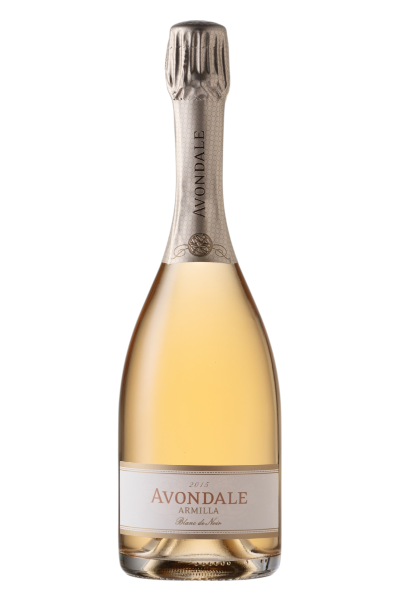 Bottle of Avondale Armilla’ Blanc de Noir MCC 2015 sparkling wine with a pale golden hue, elegant label, and silver foil on the neck against a white background.