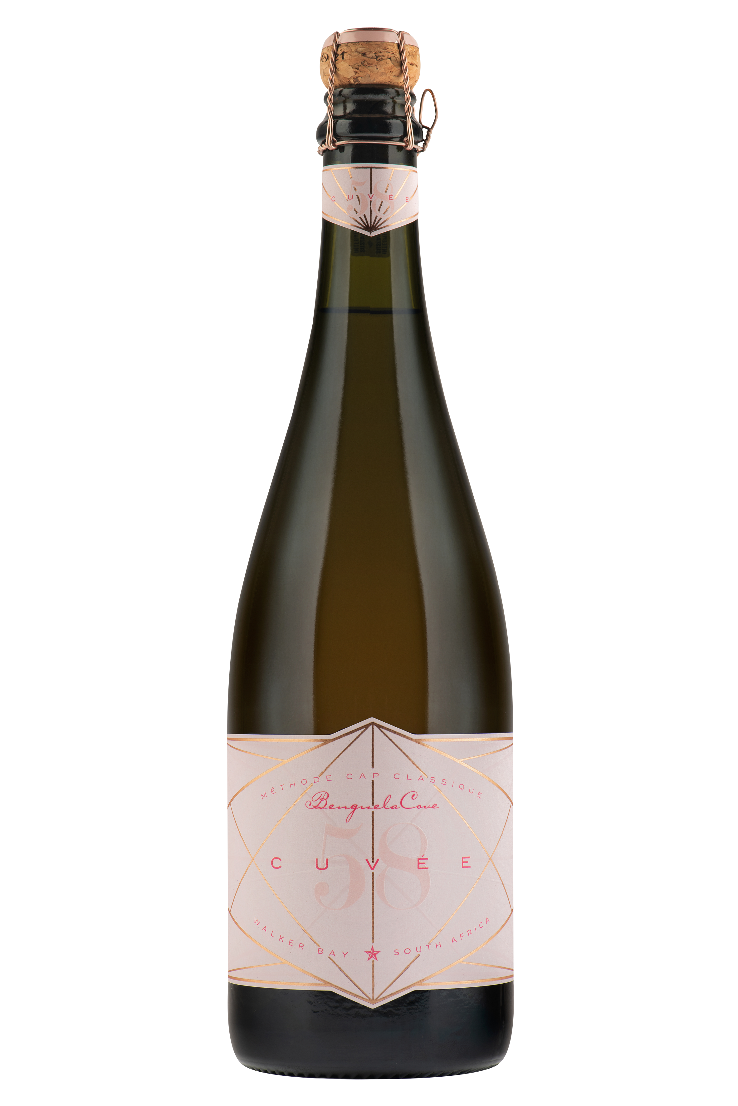 Bottle of Benguela Cove Cuvée58 Rosé MCC sparkling wine with a pink label and cork top, showcasing a refined South African Methode Cap Classique.