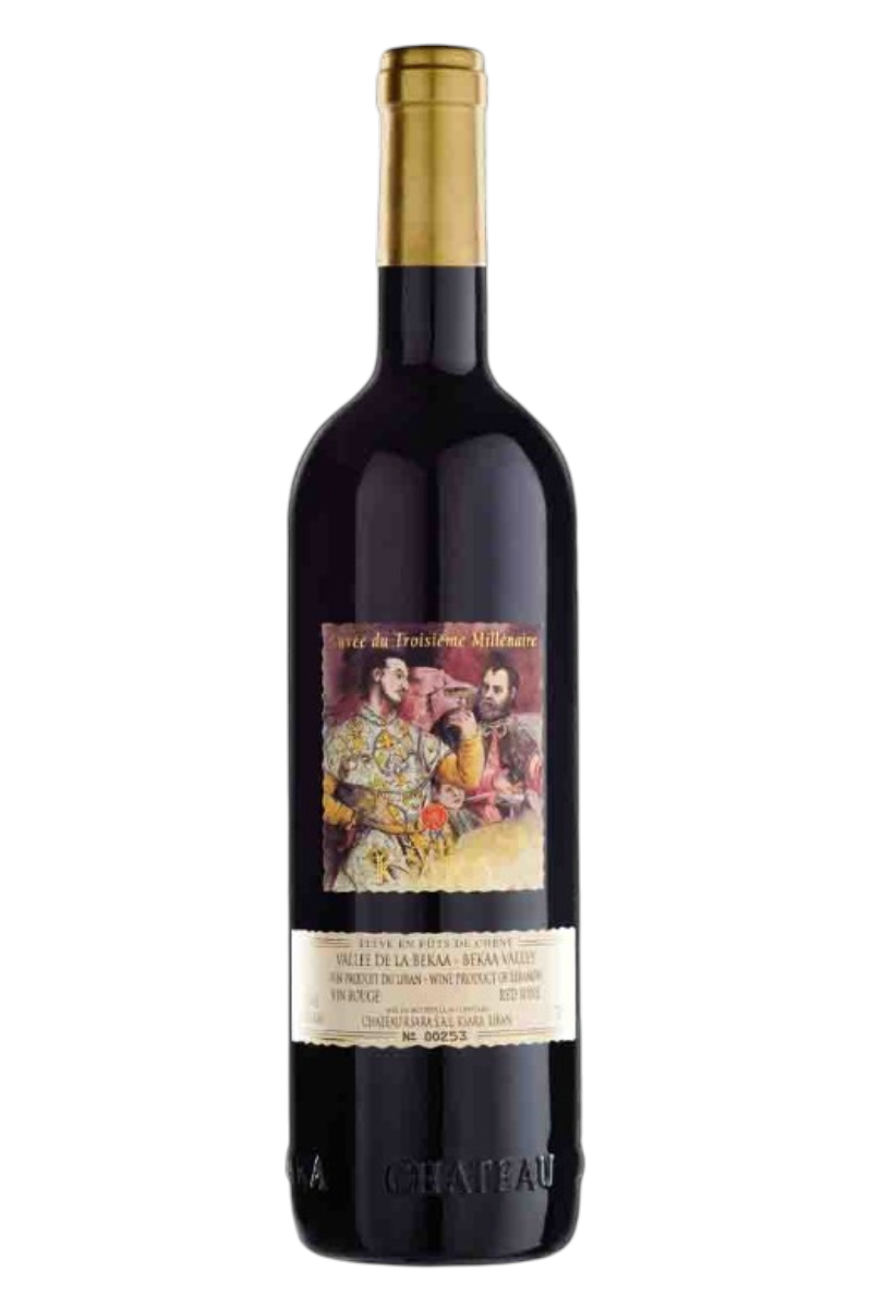 Château Ksara Cuvee Du 3eme Millenaire bottle with a gold foil top, featuring a vintage-style label depicting historical figures, representing an artisan, heritage wine.