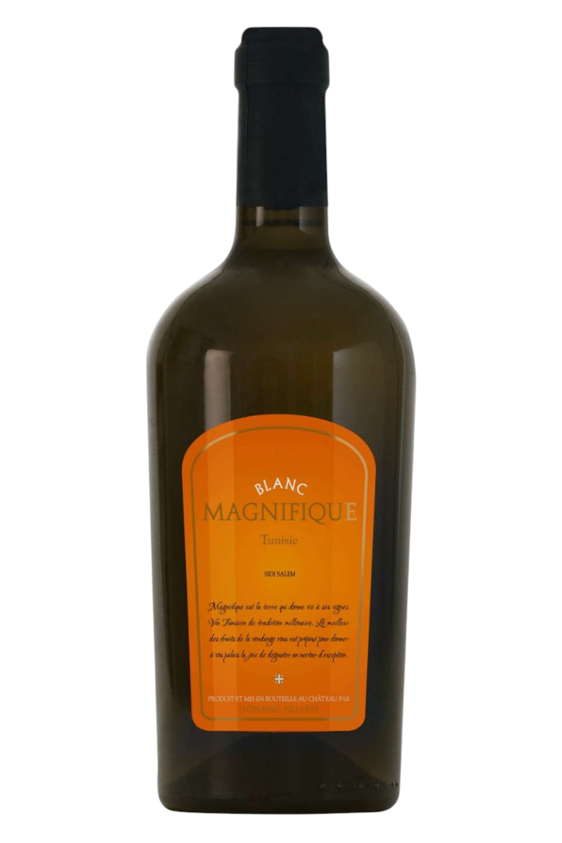 A bottle of Domaine Neferis Magnifique Blanc 1er Cru featuring an orange label with elegant text, showcasing a curated artisan white wine from Tunisia.