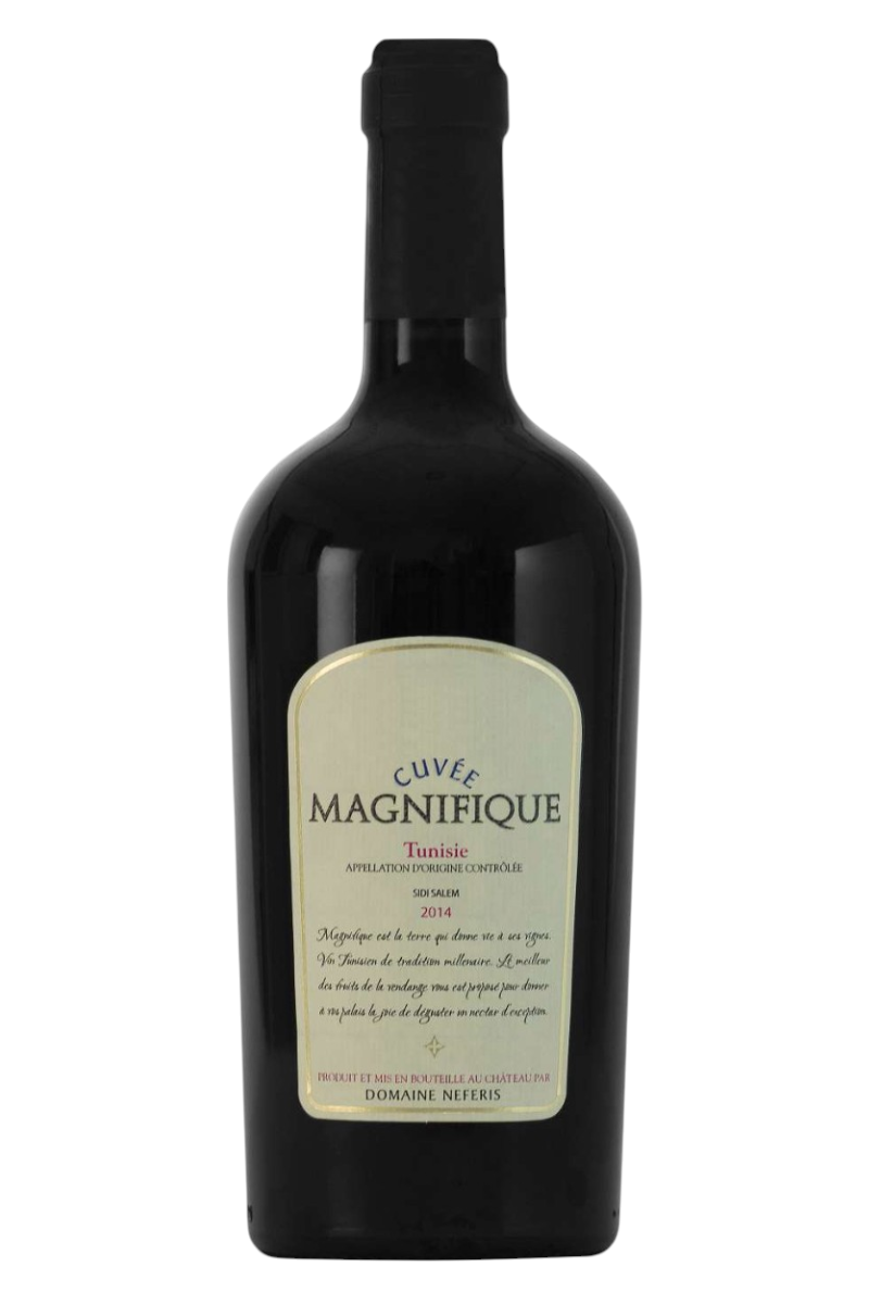 Bottle of Domaine Neferis Magnifique Cuvee Rouge 2023 featuring a classic label with elegant typography, highlighting its Tunisian heritage and artisanal craftsmanship.