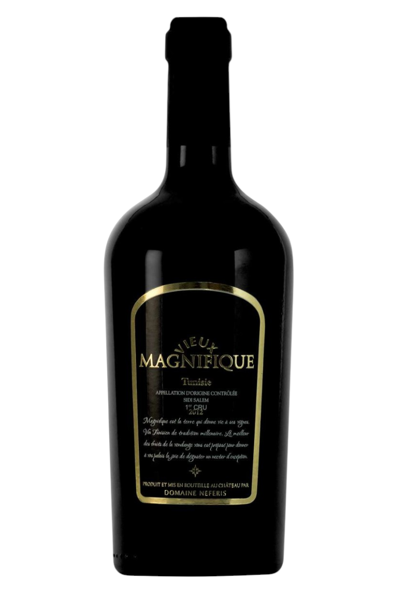 Elegant dark wine bottle labeled Domaine Neferis Vieux Magnifique 1er Cru 2022 with gold and white text, showcasing a premium Tunisian vintage.