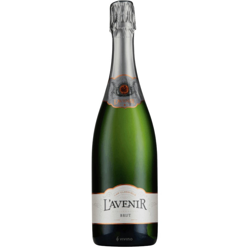 Bottle of L'Avenir Methode Cap Classique Brut 2017 sparkling wine with a silver foil top and elegant white and orange label.