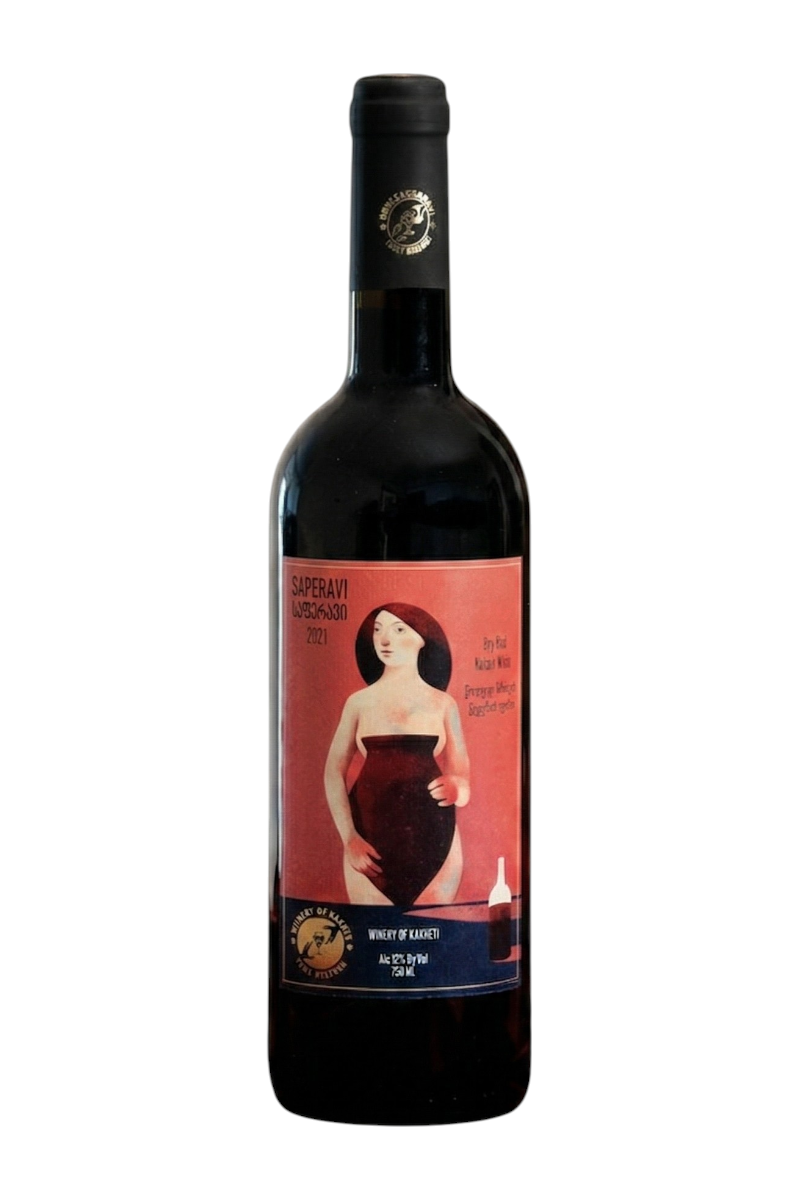 Bottle of Wine Thieves Saperavi 2021 featuring a red label with artistic illustration of a woman holding a wine glass, highlighting a curated Georgian wine from the Velvet Bottle collection.