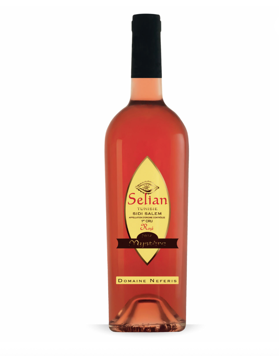 Bottle of Domaine Neferis Selian Rosé with a deep pink hue, featuring a gold and black label design, showcasing a premium Tunisian rosé wine.
