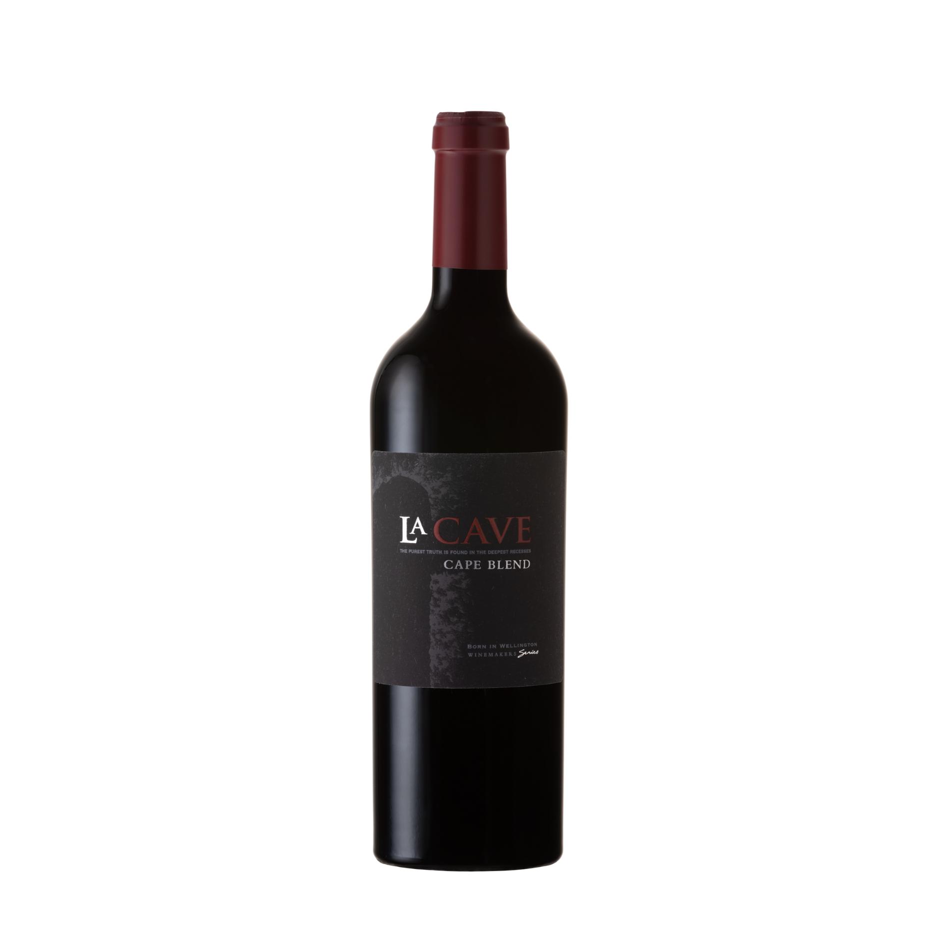 Bottle of Wellington La Cave Cape Blend 2021 wine with a dark label and deep red foil capsule, showcasing a refined South African blend from artisanal winemakers.