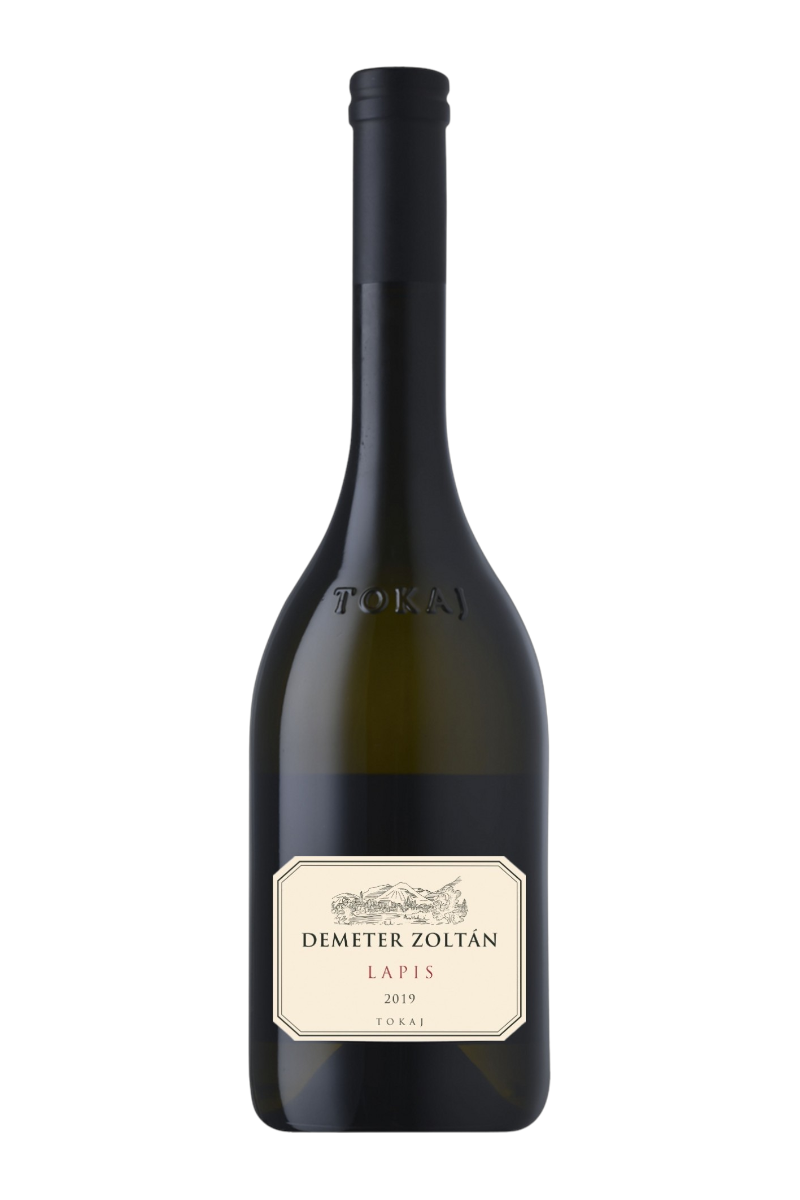 Elegant dark green wine bottle with a distinctive shape featuring an embossed "TOKAJ" label and a cream-colored label displaying "Demeter Zoltán Lapis 2019," representing Zoltán Demeter Tokaji Lapis Hárslevelű 2019.