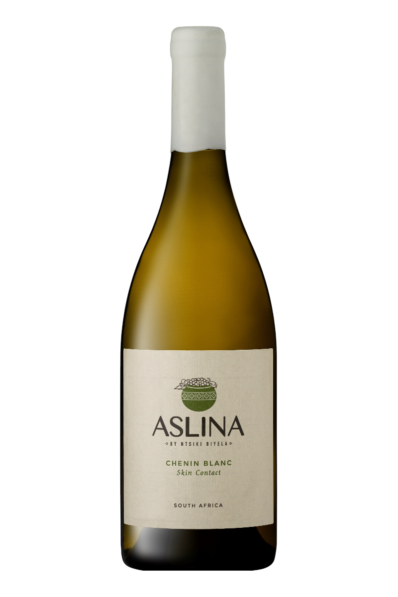 A sleek bottle of Aslina Chenin Blanc 2023 - Skin Contact featuring a minimalist cream label with green and black text, showcasing a curated South African artisan wine.
