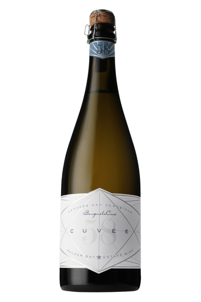 Elegant bottle of Benguela Cove - Cuvée58 Brut Cap Classique sparkling wine with a sleek white label and traditional cork closure.