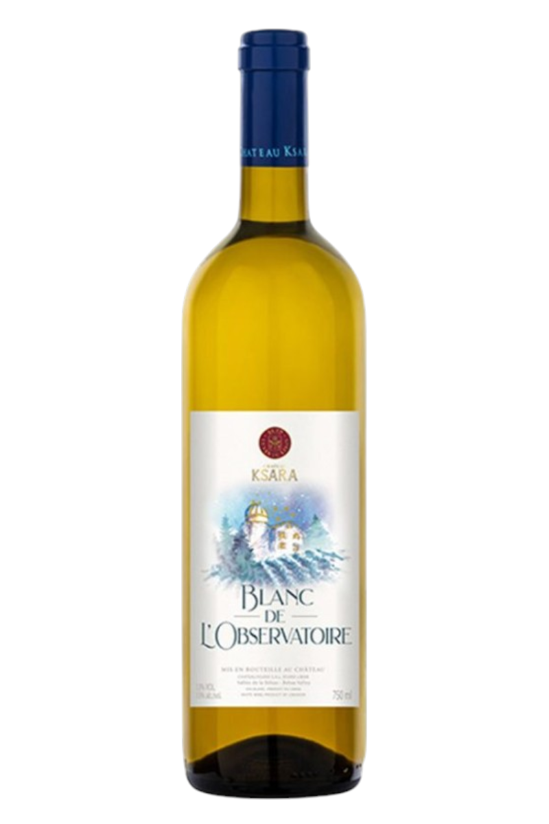 Bottle of Château Ksara De L'observatoire white wine featuring a detailed label illustration of an observatory against a blue and white background, showcasing a refined and elegant wine presentation.