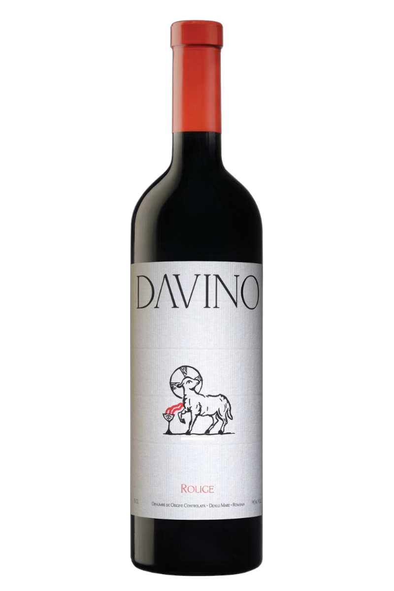 Bottle of Davino Rouge 2020 red wine featuring a minimalist label with a goat and glass illustration, part of The Velvet Bottle curated wine collection.