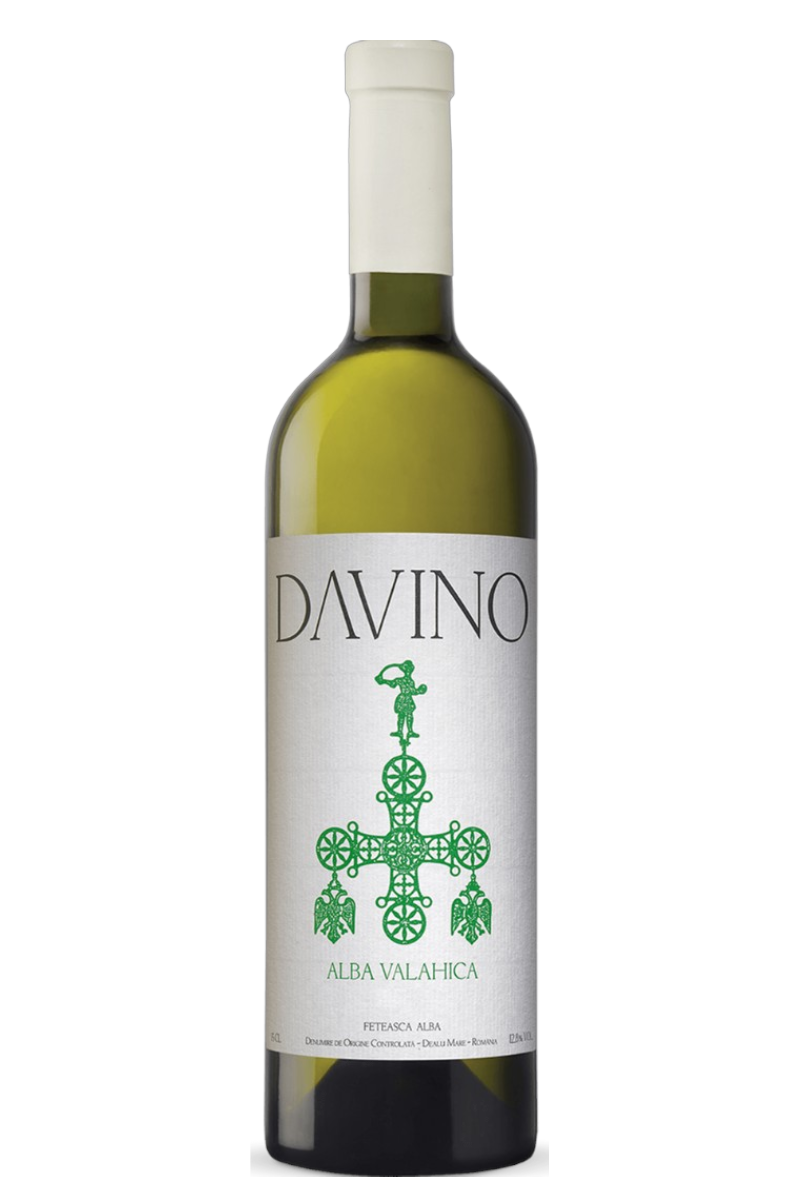A bottle of Davino Alba Valahica 2024 featuring a white label with a green intricate cross design, sealed with a white cap, showcasing a refined artisan wine.