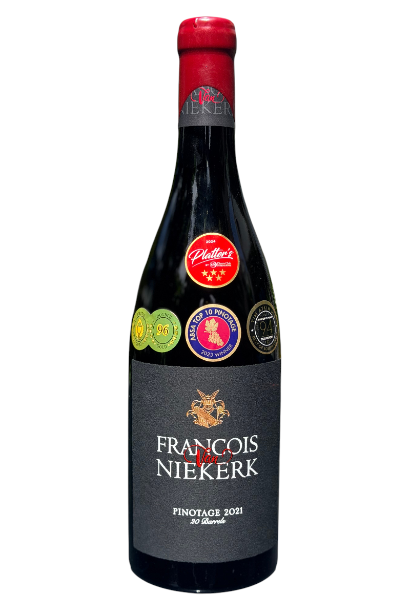 Francois van Niekerk Pinotage 2021 wine bottle with dark label and red wax seal, featuring award stickers denoting high ratings and recognition for its quality and craftsmanship.