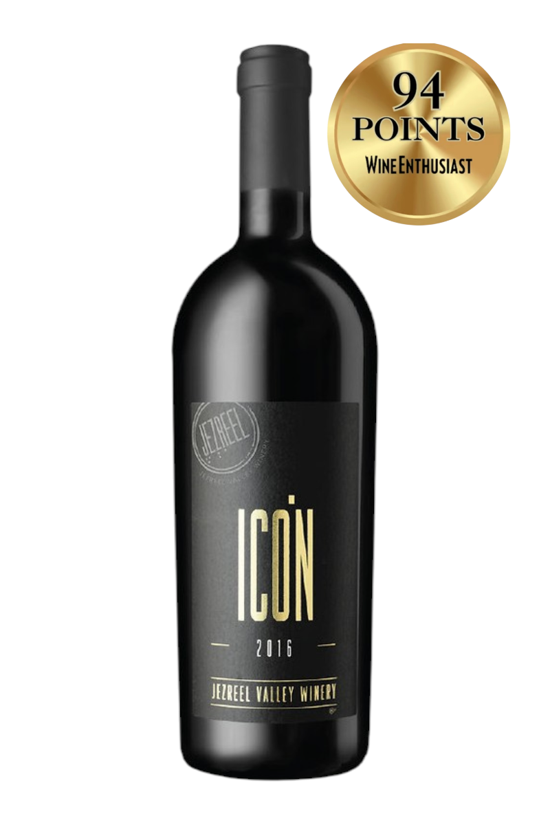 Bottle of Jezreel Valley Icon 2023 wine with a black label featuring gold text, accompanied by a gold badge showing a 94-point rating from Wine Enthusiast.