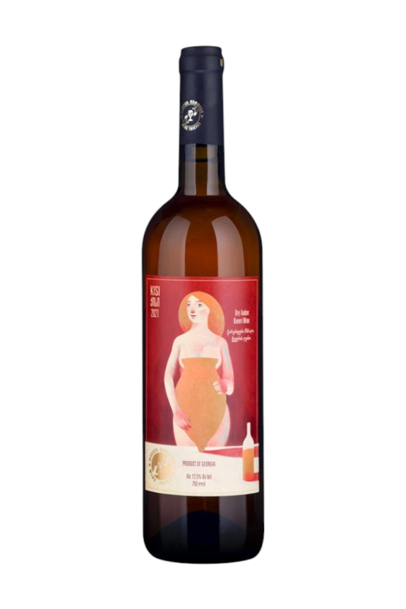 Wine Thieves Kisi 2022 bottle featuring artistic label with a stylized figure, showcasing a dry amber wine from a curated collection of heritage Georgian wines.