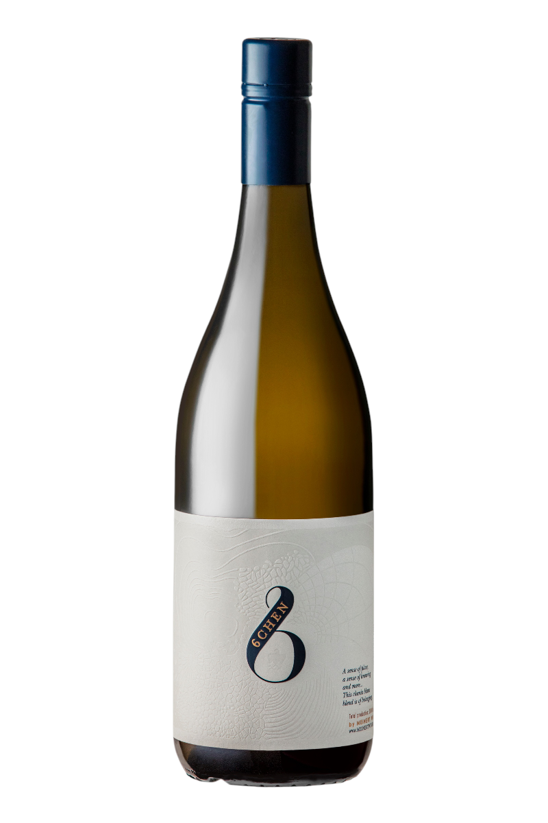 Bottle of Meinert 6CHEN (Old Vine) Chenin Blanc 2019 with a minimalist white label and dark blue cap, showcasing a refined white wine selection.