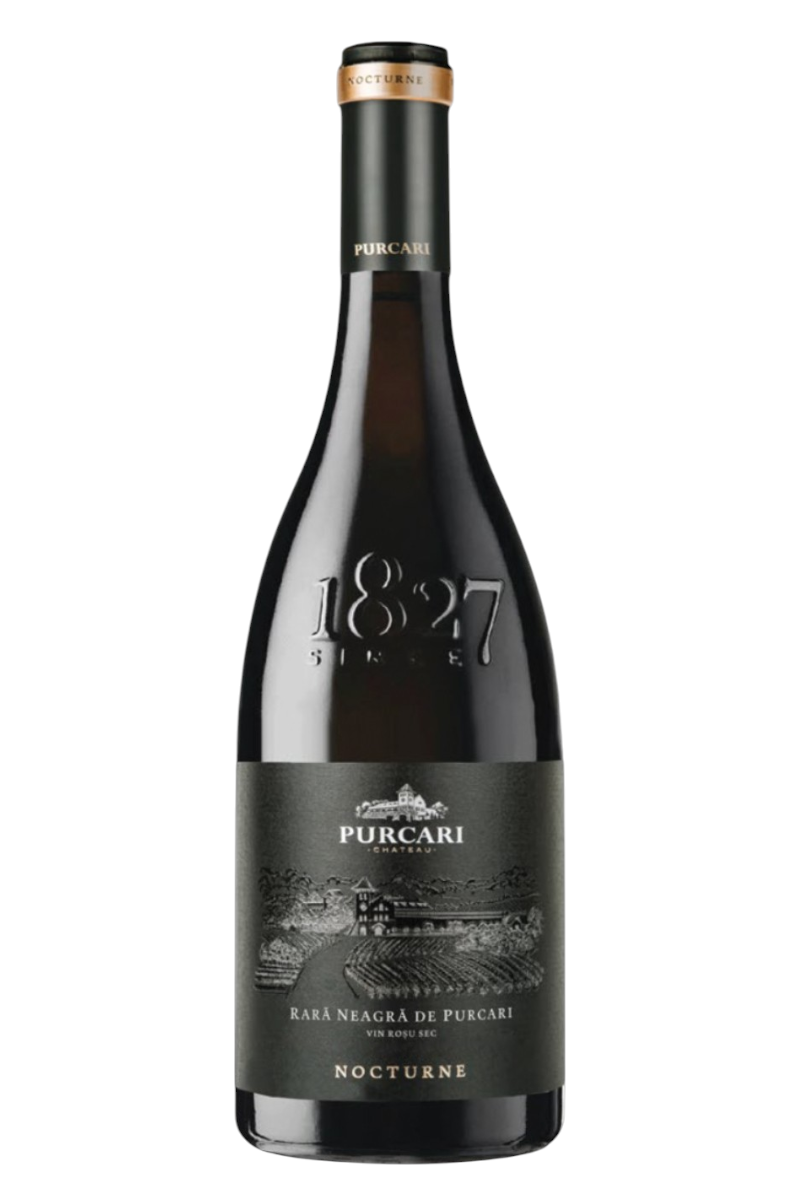 A sleek bottle of Purcari Nocturne Rară Neagră 2021 featuring an embossed 1827 date and a detailed vineyard illustration on a dark label, evoking heritage and sophistication.