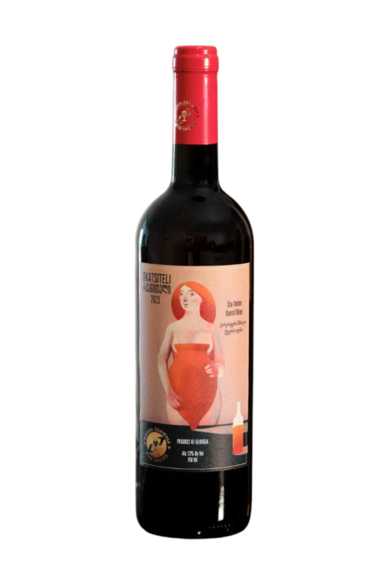 Bottle of Wine Thieves Rkatsiteli 2023 featuring a red foil capsule and label with an artistic illustration of a woman holding a wine vessel, highlighting a Georgian dry amber natural wine.