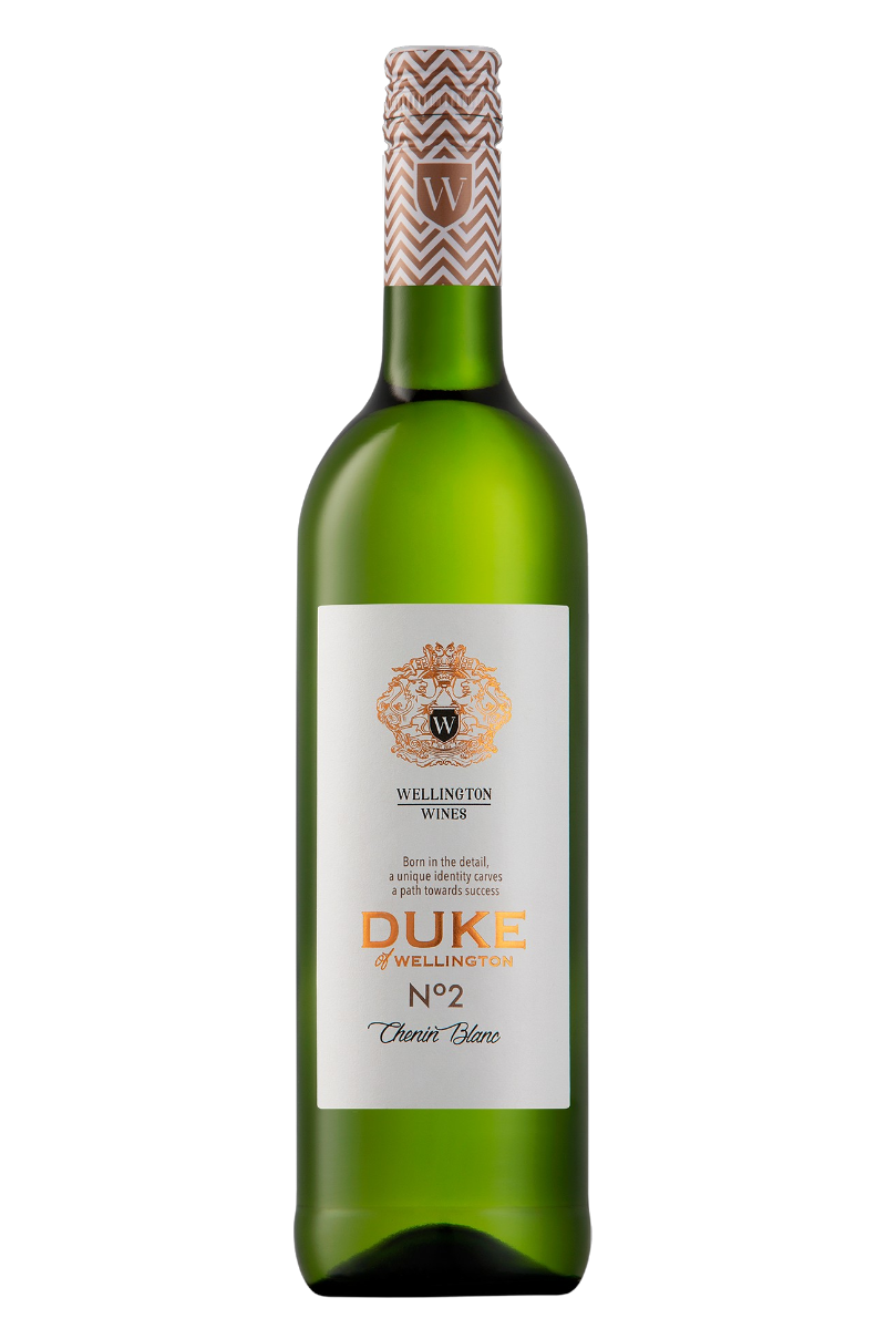 Green glass bottle of Wellington Duke Old Vine Chenin Blanc 2025 with a white label featuring gold and black details and a patterned gold and white screw cap.